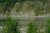 Soutok řek Klondike a Yukonu. Čistá voda Klondike river se mísí s kalnými vodami Yukonu.